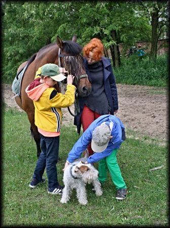 Bliźniaki Maciek i Mikołaj pasą konia i oglądają Funia