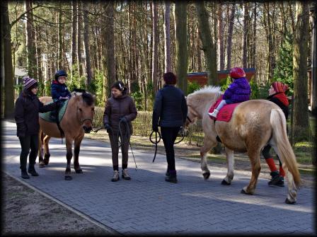 Spotkanie dzieci na koniach , na chodniku podczas zajęć